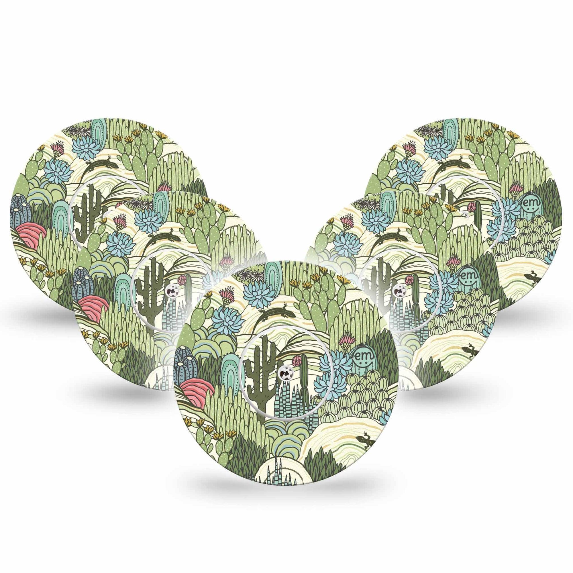 ExpressionMed Cactus Freestyle Libre and Libre 2 Plus Tape, Abbott Lingo, 5-Pack Tape and 5-Pack Sticker Light Green Cactus Plants, Fixing Ring Tape Continuous Glucose Monitor Design