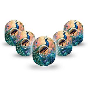 ExpressionMed Majestic Peacock Dexcom G7 and Dexcom Stelo Glucose Biosensor System Mini, 5-Pack Tape and 5-Pack Sticker colorful feather print Sensor Cover for Continuous Glucose Monitor