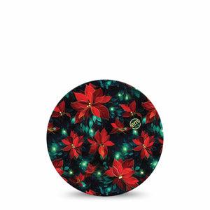 ExpressionMed Christmas Floral Freestyle Libre and Libre 2 Plus Overpatch, Abbott Lingo, Single Tape Poinsettias and Lights, Fixing Ring Patch CGM Design
