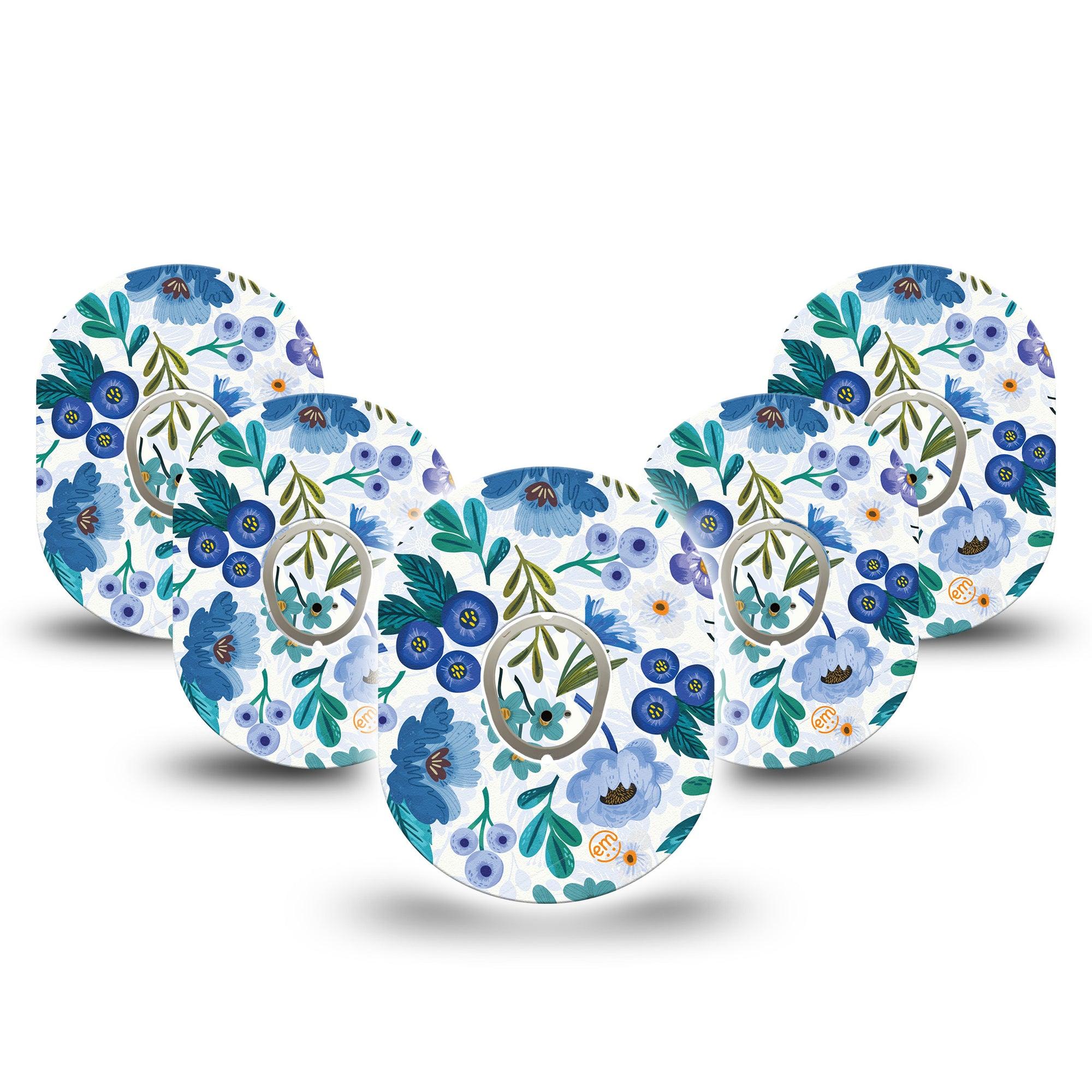 ExpressionMed Blue Anemone Dexcom G7 and Stelo Tape 5-Pack Tape and 5-Pack Sticker Blue Florals Inspired, Plaster Continuous Glucose Monitor Design