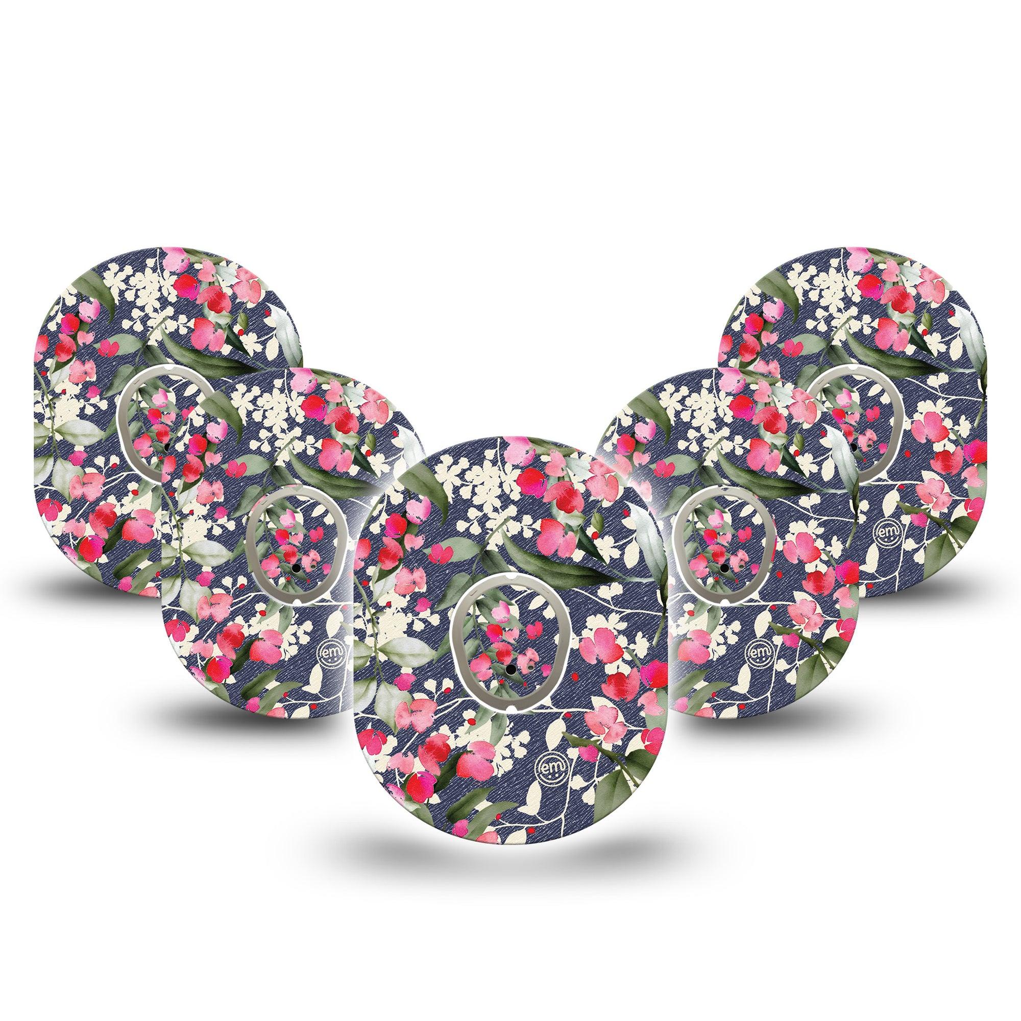 ExpressionMed Denim Flowers Dexcom G7 and Stelo Tape 5-Pack Tape and 5-Pack Sticker Dainty White Flowers And Pink Petals On Dark Denim Background, Plaster Continuous Glucose Monitor Design