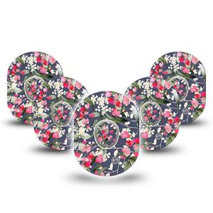 ExpressionMed Denim Flowers Dexcom G7 and Stelo Tape 5-Pack Tape and 5-Pack Sticker Dainty White Flowers And Pink Petals On Dark Denim Background, Plaster Continuous Glucose Monitor Design