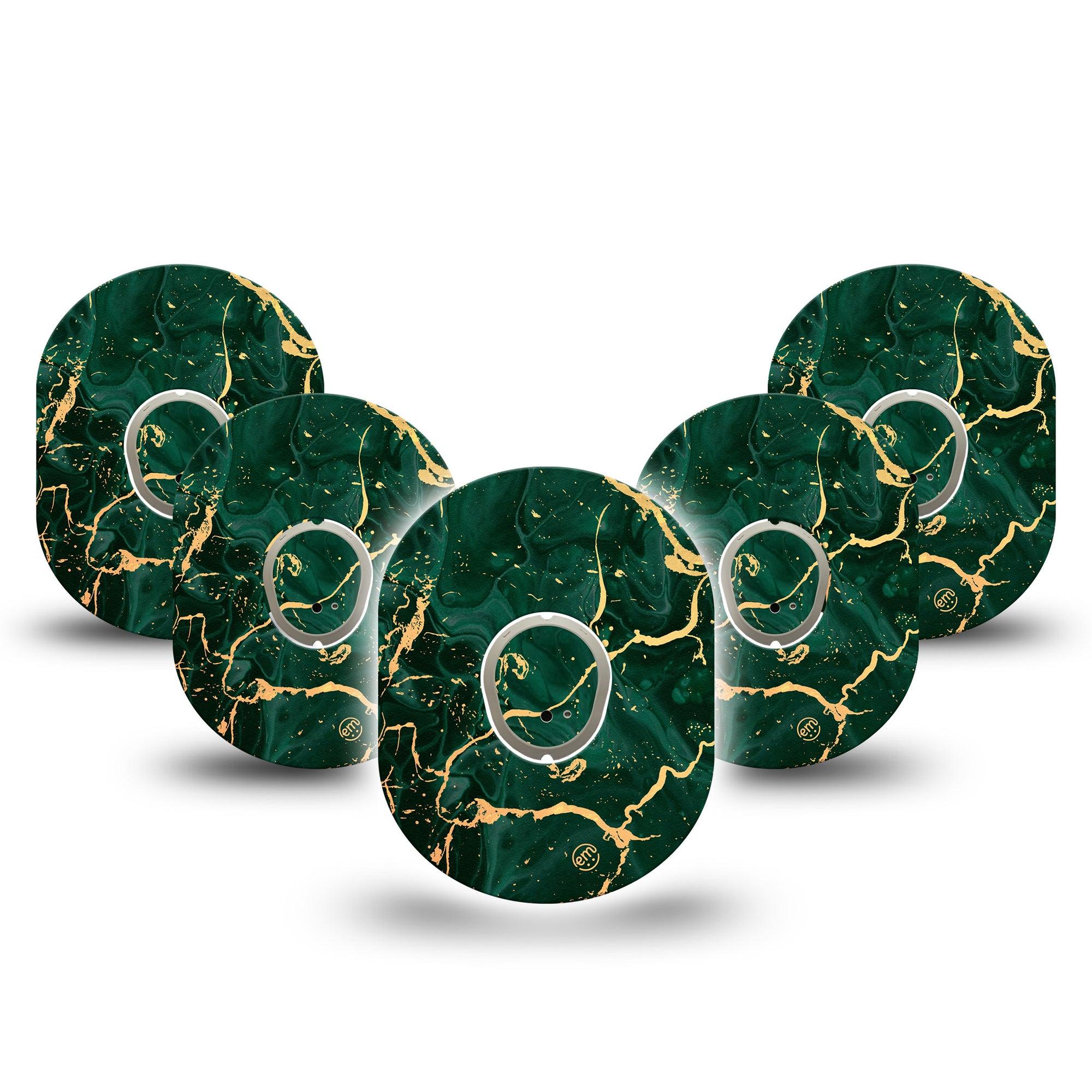 ExpressionMed Green & Gold Marble Dexcom G7 and Stelo Tape 5-Pack Tape and 5-Pack Sticker Stone Emerald, Plaster Continuous Glucose Monitor Design