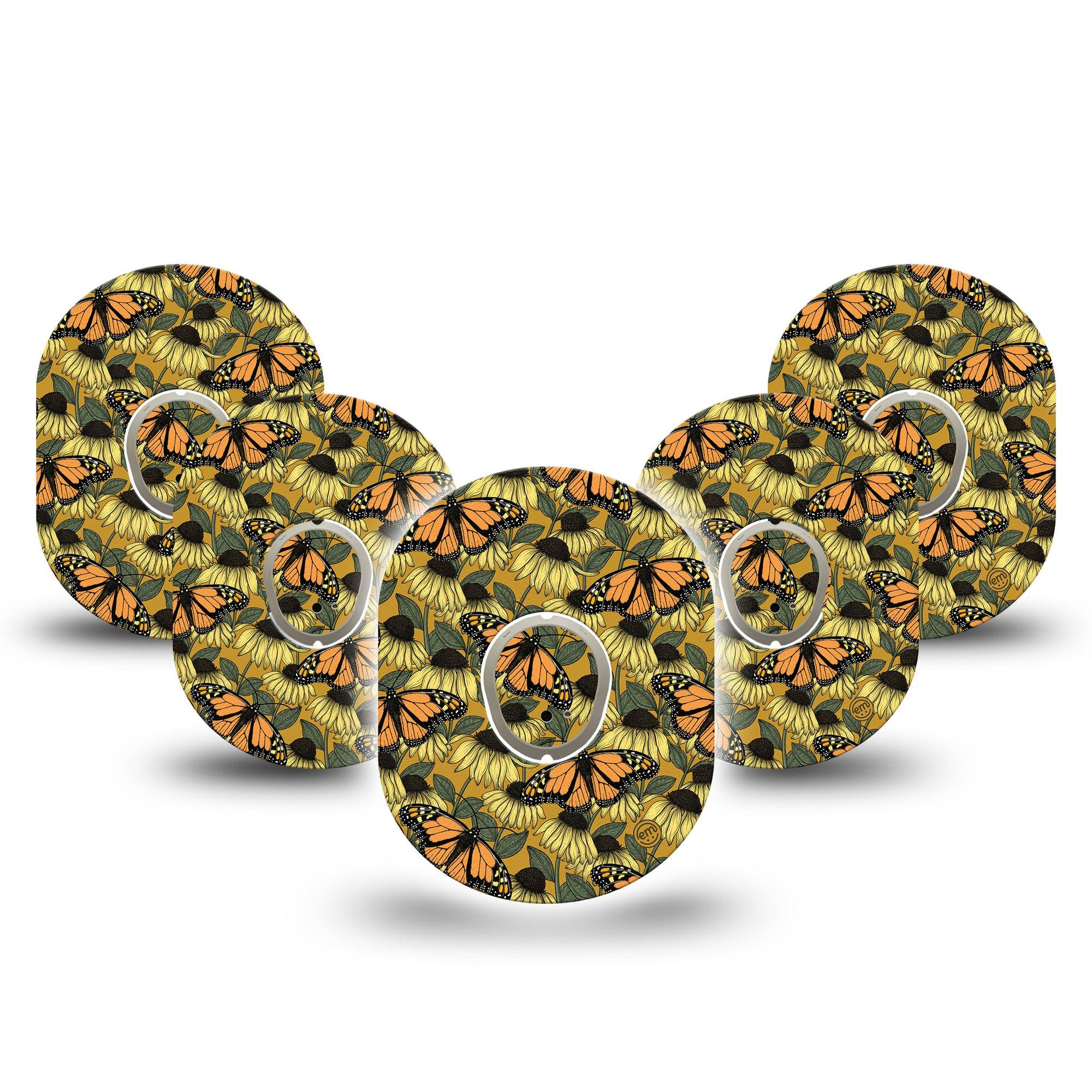 ExpressionMed Coneflowers & Monarchs Dexcom G7 and Stelo Tape 5-Pack Tape and 5-Pack Sticker Autumn Florals with Monarchs, Plaster Continuous Glucose Monitor Design