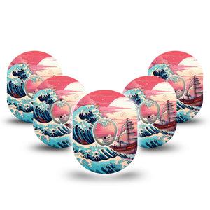 ExpressionMed Great Wave Dexcom G7 and Stelo Tape 5-Pack Tape and 5-Pack Sticker Oriental Sea Artwork, Plaster Continuous Glucose Monitor Design