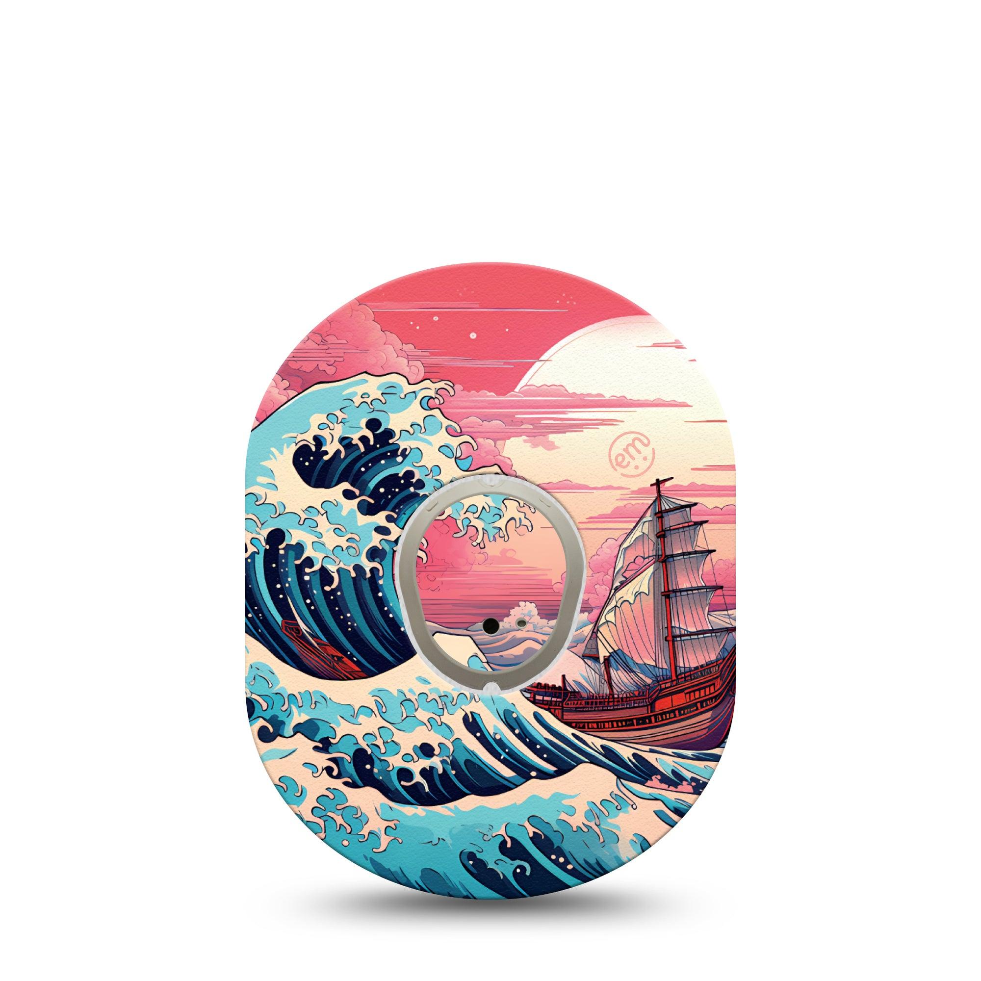 ExpressionMed Great Wave Dexcom G7 and Stelo Tape Single Tape and Single Sticker Stormy Ocean Cruise Plaster Continuous Glucose Monitor Design