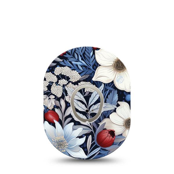 ExpressionMed Winter Floral Dexcom G7 and Stelo Tape Single Tape and Single Sticker Blue & White Florals, Plaster Continuous Glucose Monitor Design