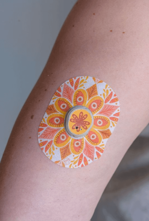 ExpressionMed, Psychedelic Mandala Dexcom G7 Transmitter Sticker, Tape & Sticker, Human Wearing Psychedelic Mandala Themed CGM Adhesive Patch Design, Dexcom Stelo Glucose Biosensor System