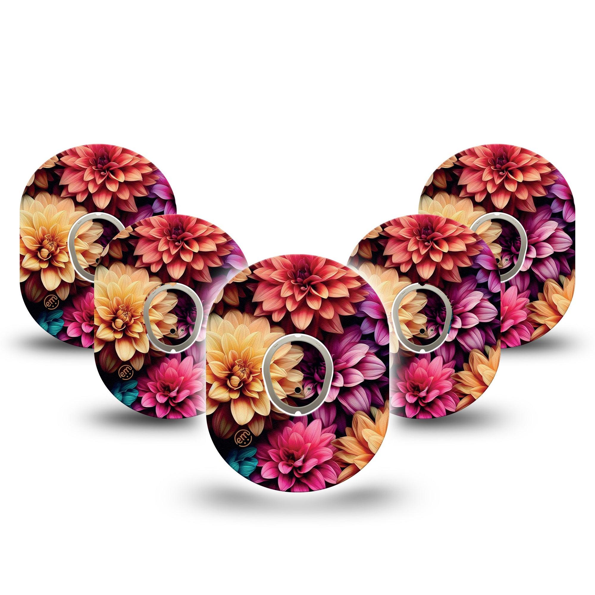 ExpressionMed Dahlia Bouquet Dexcom G7 and Stelo Tape 5-Pack Tape and 5-Pack Sticker Botanical Dahlia Art, Plaster Continuous Glucose Monitor Design