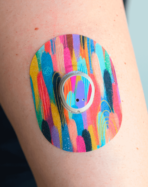 ExpressionMed, Brush Strokes Dexcom G7 Tape, Single Tape, Human Arm Wearing Brush Strokes Designed CGM Adhesive Patch Design