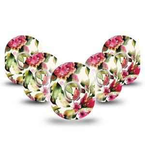 ExpressionMed Floral Romance Dexcom G7 and Stelo Tape 5-Pack Tape and 5-Pack Sticker Pink Flower Gentle Watercolor Painting, Plaster Continuous Glucose Monitor Design