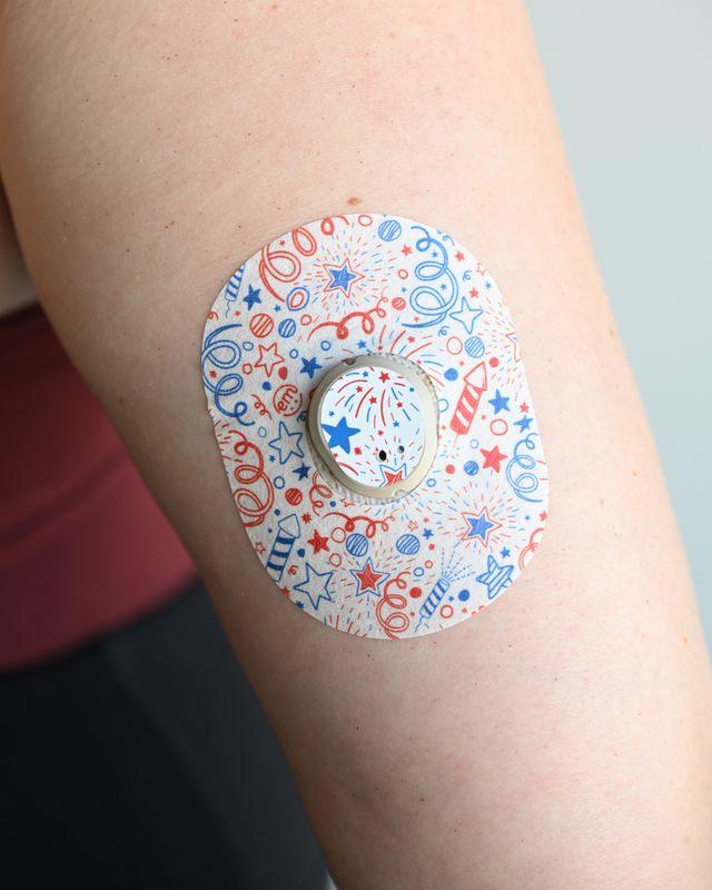 ExpressionMed Firework Doodles Dexcom G7 Tape, Single Tape and Single Sticker, Arm Wearing Fireworks Themed CGM Adhesive Patch Design