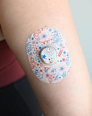 ExpressionMed Firework Doodles Dexcom G7 Tape, Single Tape and Single Sticker, Arm Wearing Fireworks Themed CGM Adhesive Patch Design