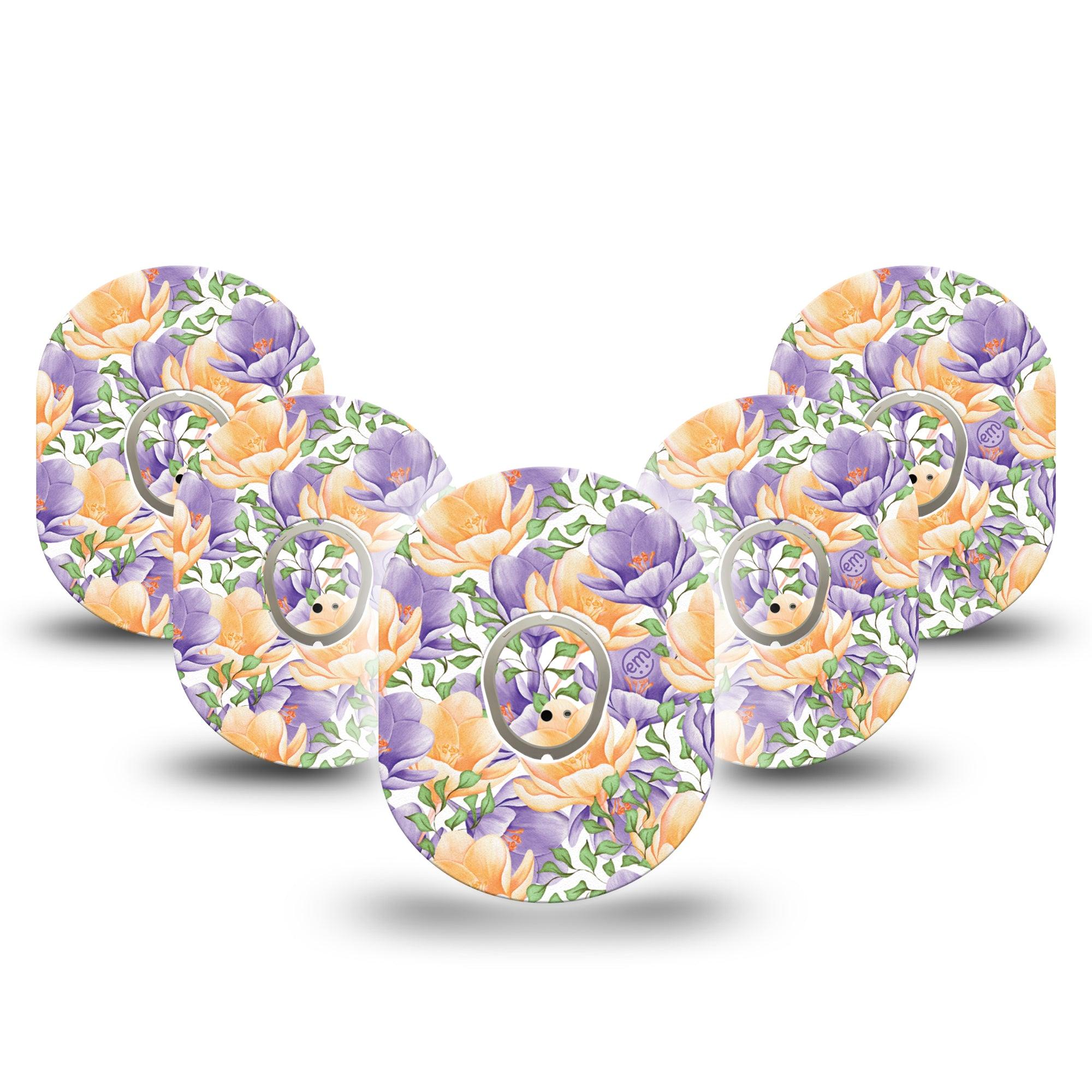 ExpressionMed Crocus Flowers Dexcom G7 5-Pack early spring bloomer Overlay Tape Continuous Glucose Monitor Design, Dexcom Stelo Glucose Biosensor System with center stickers
