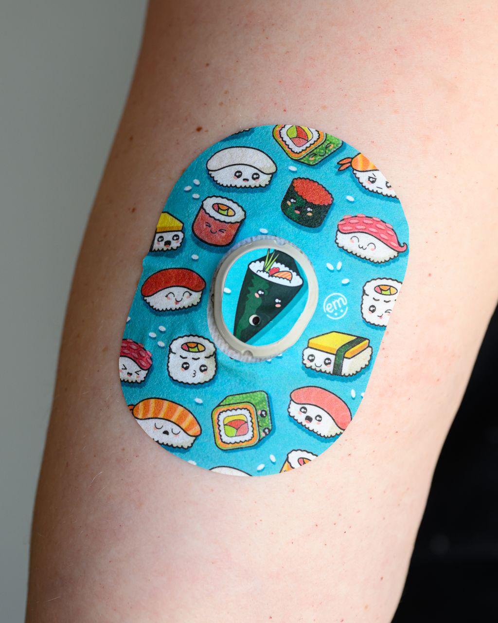 ExpressionMed Silly Sushi Dexcom G7 Tape, Single Tape and Single Sticker, Arm Wearing Sushi Themed CGM Adhesive Patch Design