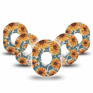 Sunflower Dexcom G7 Tape, 5-Pack, Floral Bunch Themed, CGM Plaster Patch Design, Dexcom Stelo Glucose Biosensor System