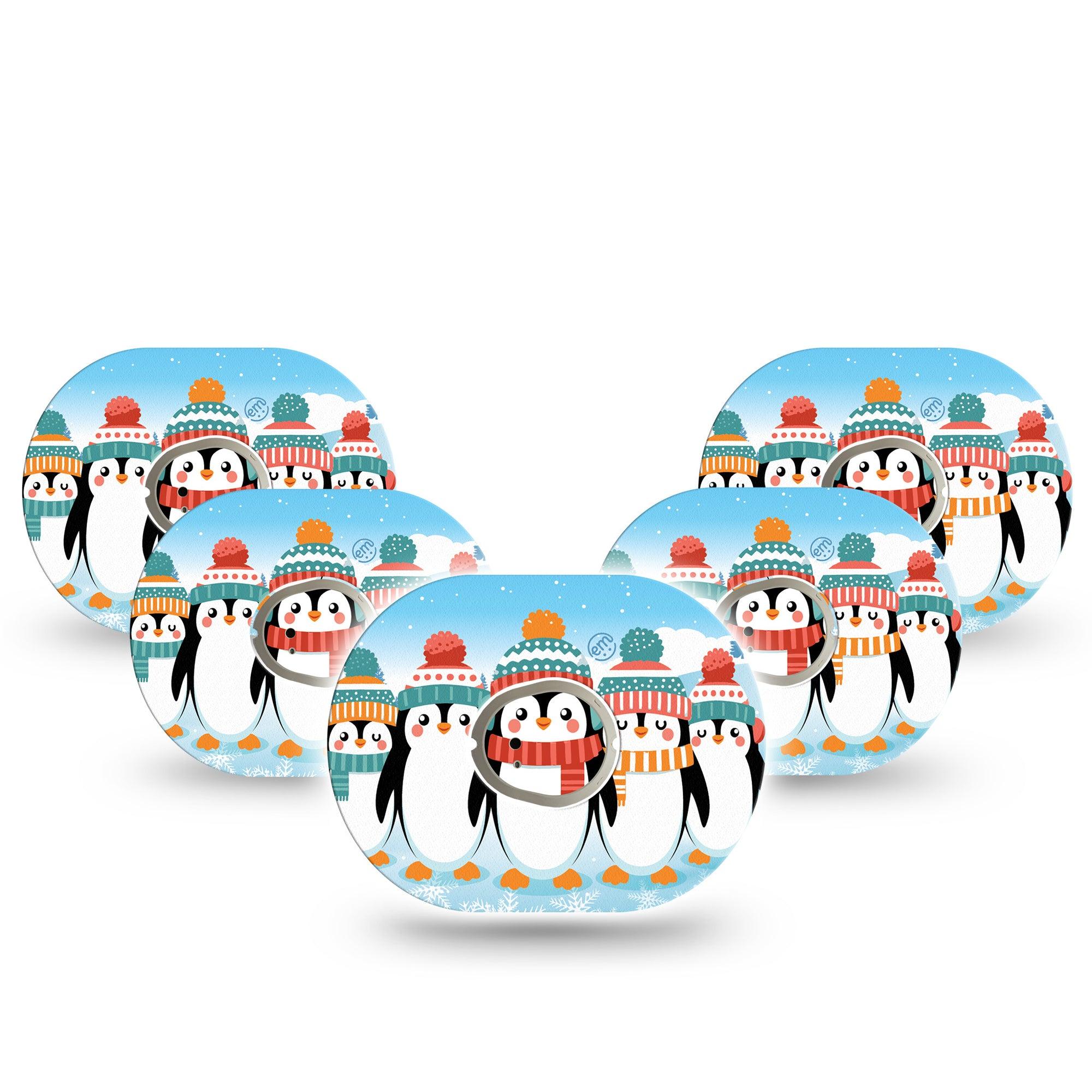 ExpressionMed Penguins In Row Dexcom G7 Tape, Dexcom Stelo Glucose Biosensor System, 5-Pack Tape and 5-Pack Sticker Winter Season Penguin Babies, Overlay Tape Continuous Glucose Monitor Design