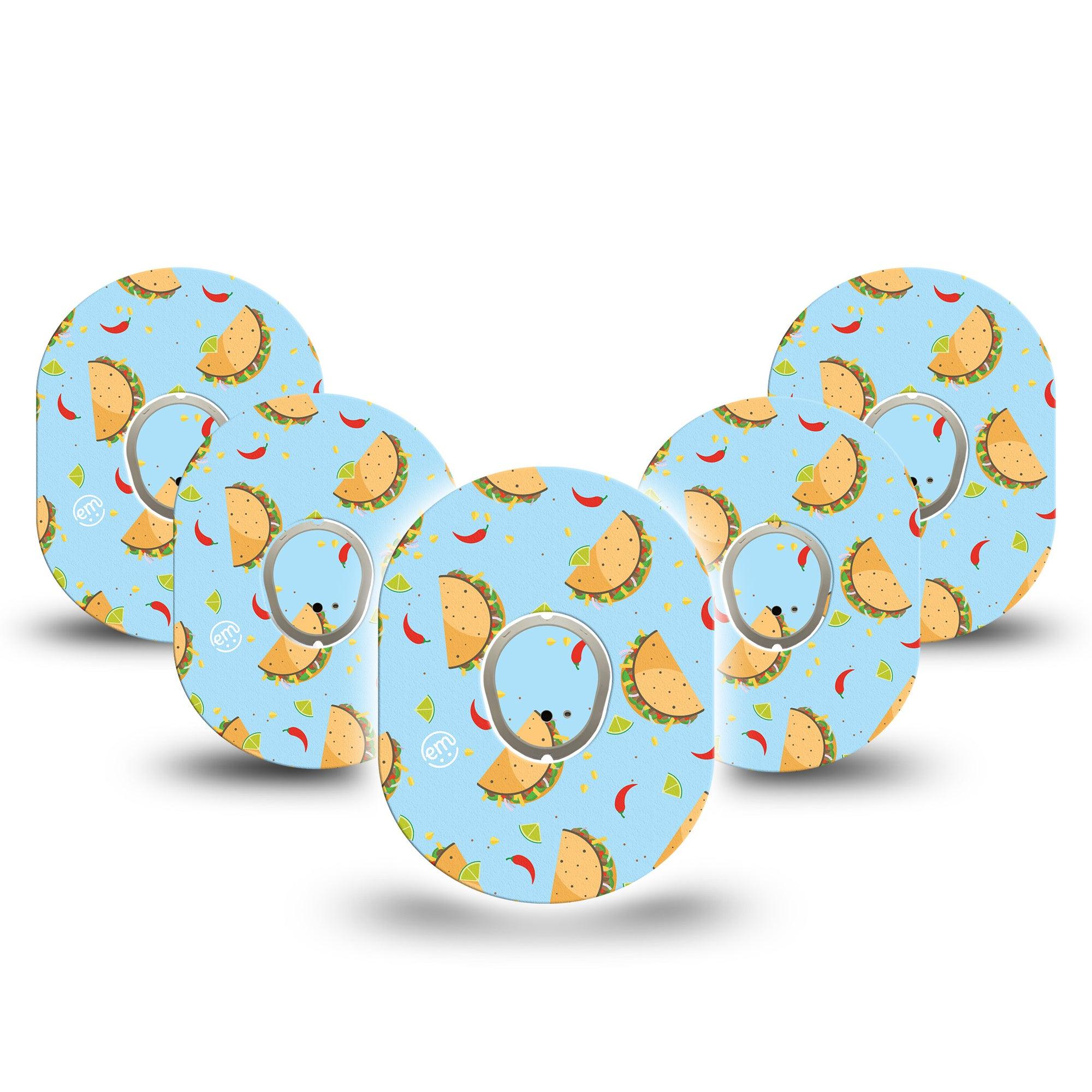 ExpressionMed Spicy Tacos Dexcom G7 and Stelo Tape 5-Pack Tape and 5-Pack Sticker Taco and hot Jalapenos Print, Plaster Continuous Glucose Monitor Design