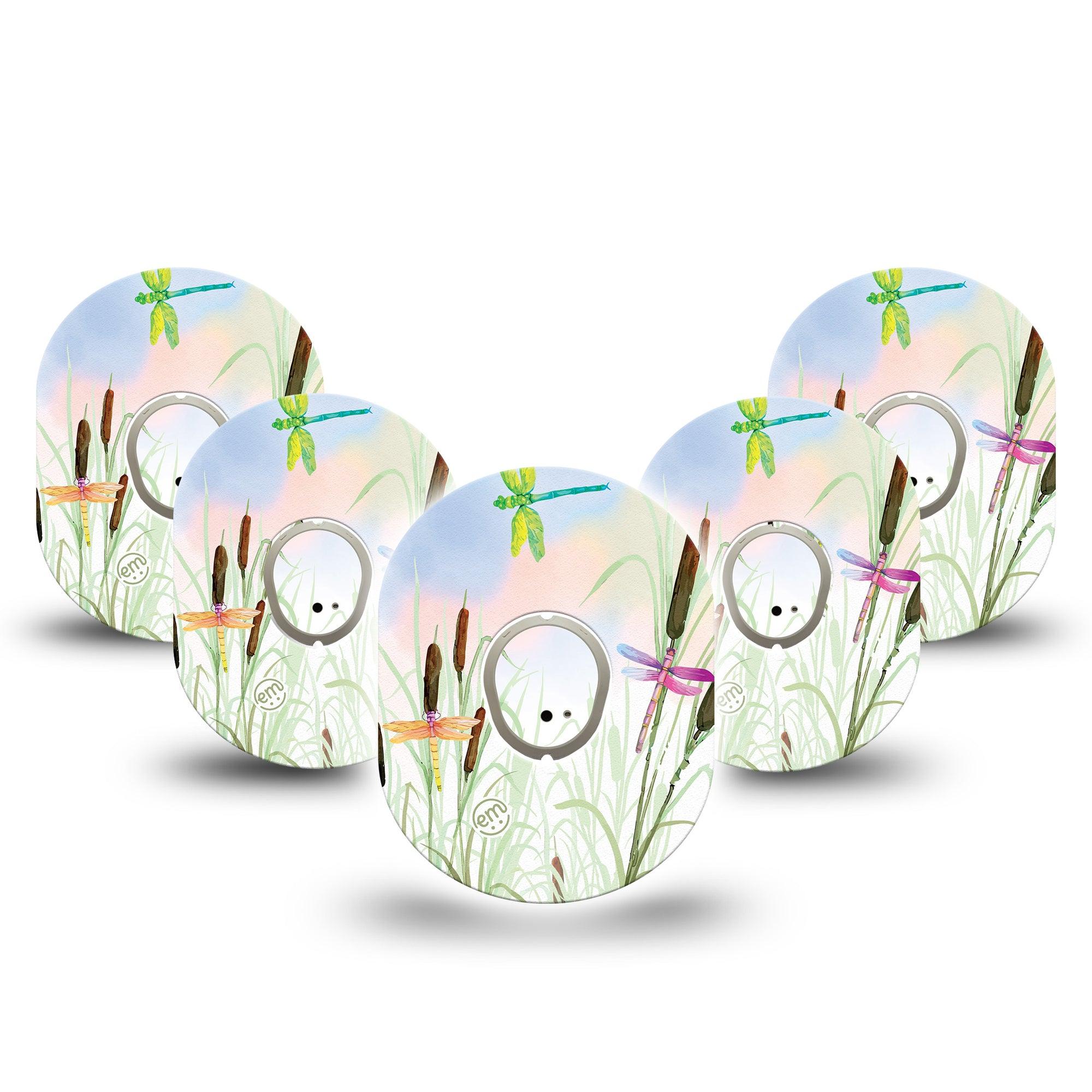 ExpressionMed Dragonfly Dexcom G7 and Stelo Tape 5-Pack Tape and 5-Pack Sticker Grass Field Inspired, Plaster Continuous Glucose Monitor Design