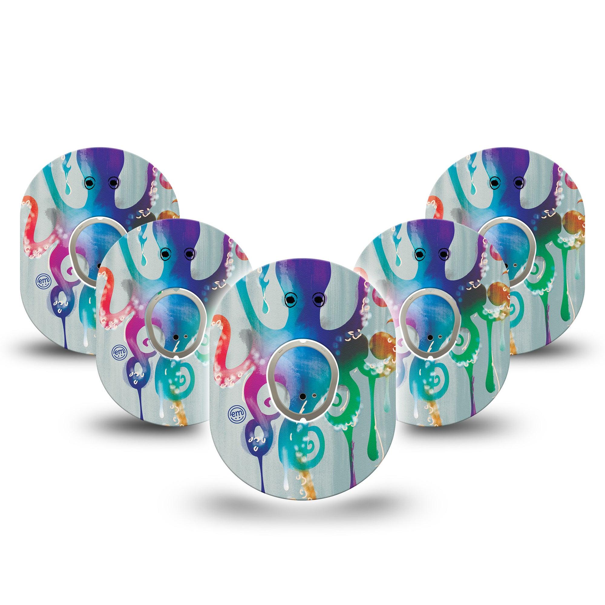 ExpressionMed Octopus Tattoo Dexcom G7 and Stelo Tape 5-Pack Tape and 5-Pack Sticker Colorful Animal Themed, Plaster Continuous Glucose Monitor Design