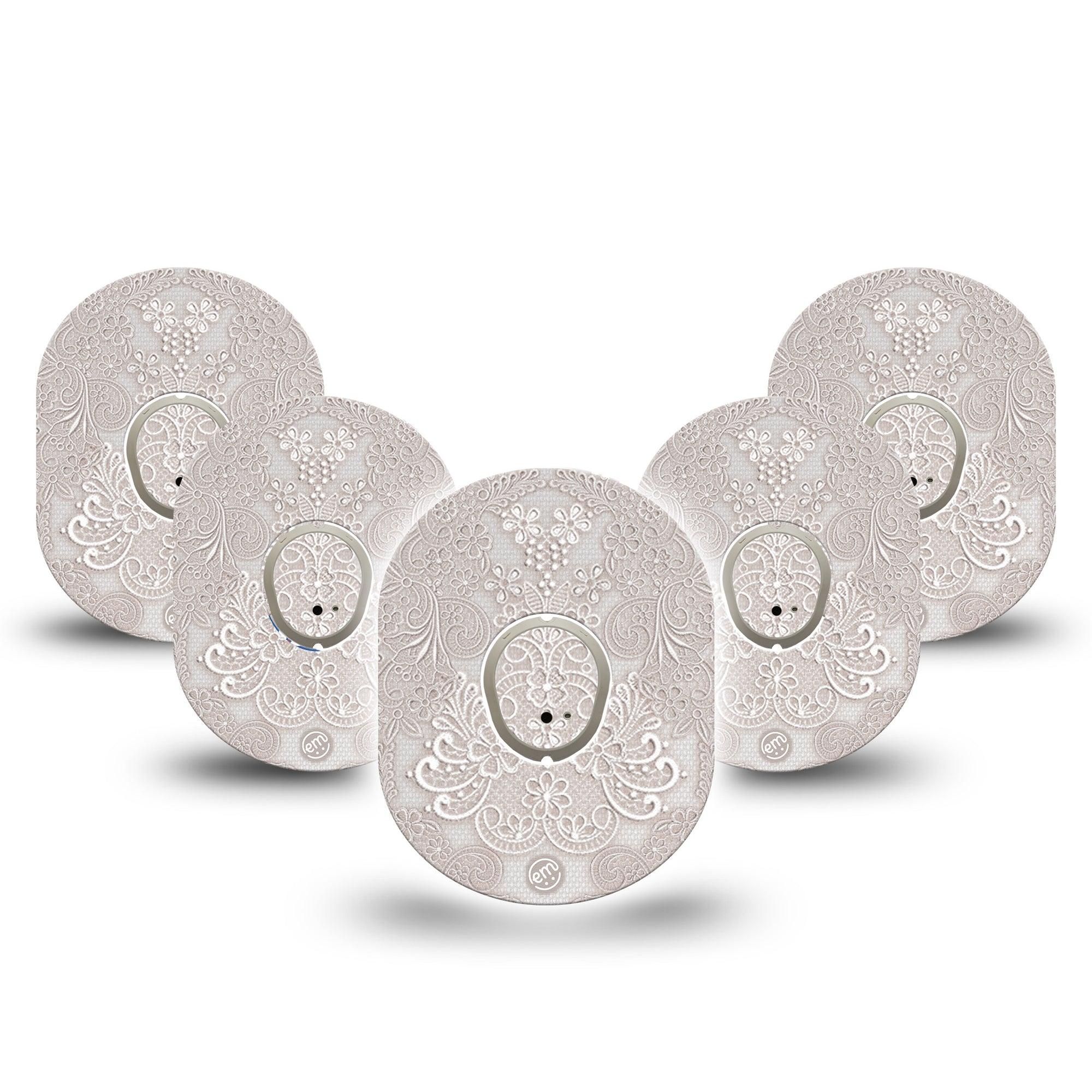 ExpressionMed Vintage Lace Dexcom G7 and Stelo Tape 5-Pack Tape and 5-Pack Sticker White Fabric Inspired, Plaster Continuous Glucose Monitor Design