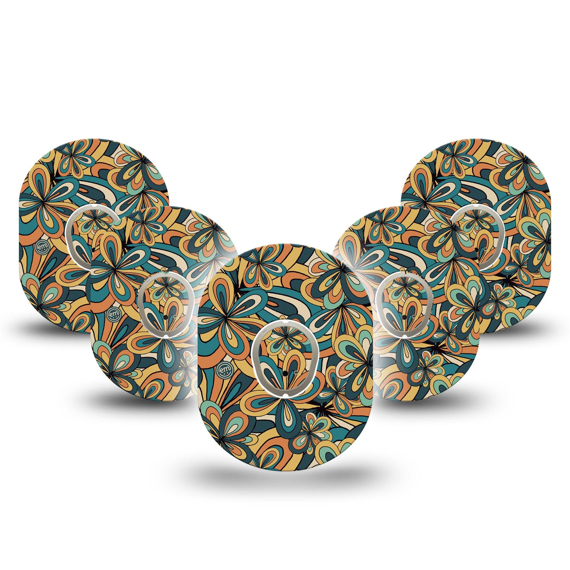 ExpressionMed 70s Vintage Dexcom G7 and Stelo Tape 5-Pack Tape and 5-Pack Sticker 70s Floral Design Themed, Plaster Continuous Glucose Monitor Design