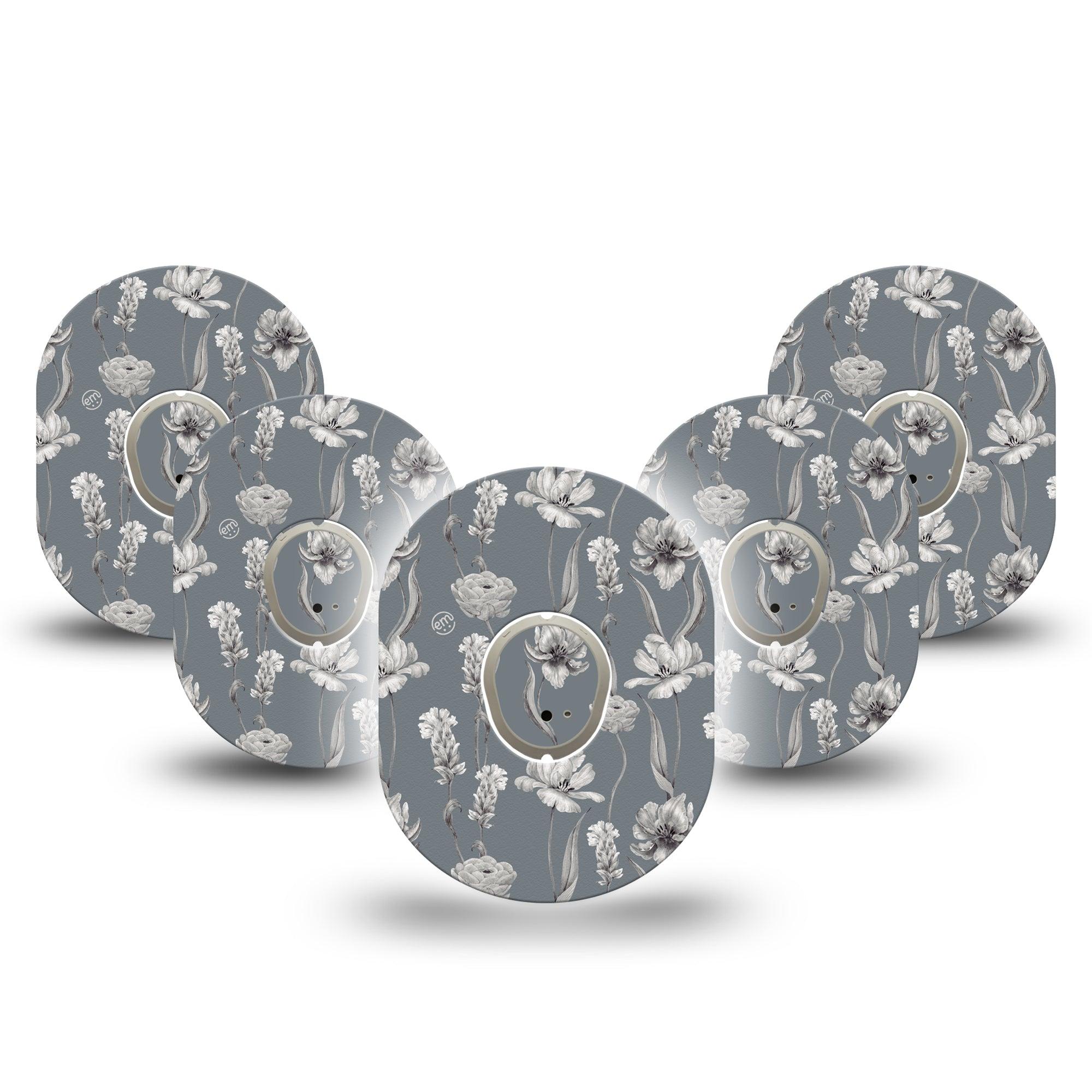 ExpressionMed Muted Petals Dexcom G7 and Stelo Tape 5-Pack Tape and 5-Pack Sticker Gray and White Themed, Plaster Continuous Glucose Monitor Design
