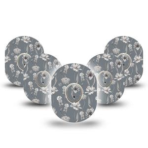 ExpressionMed Muted Petals Dexcom G7 and Stelo Tape 5-Pack Tape and 5-Pack Sticker Gray and White Themed, Plaster Continuous Glucose Monitor Design