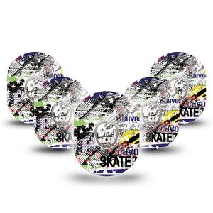 ExpressionMed Skateboard Dexcom G7 Tape, 5-Pack, Skateboard Artwork Themed, CGM Plaster Patch Design, Dexcom Stelo Glucose Biosensor System with center stickers