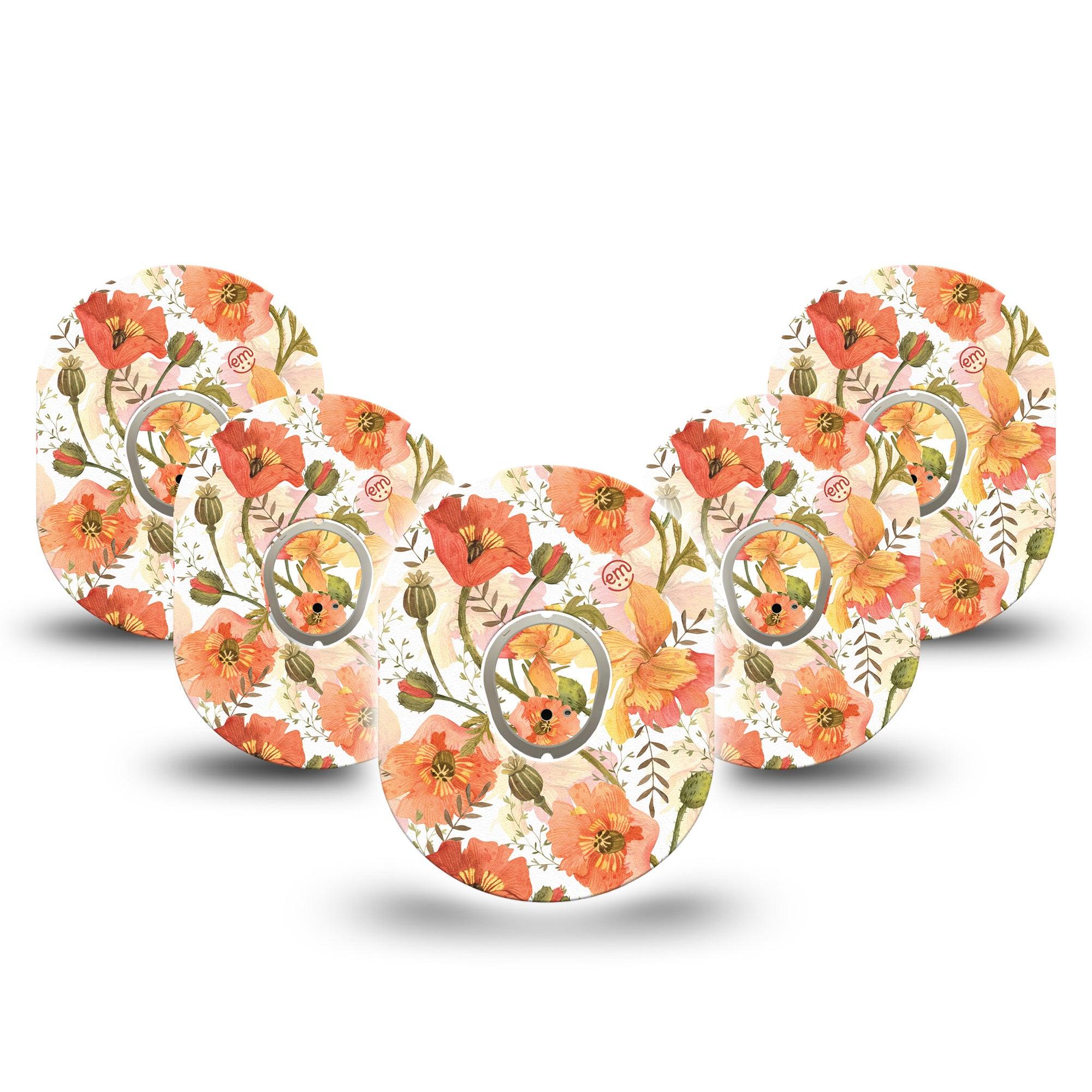 ExpressionMed Peachy Blooms Dexcom G7 and Stelo Tape 5-Pack Tape and 5-Pack Sticker Floral Blooming Inspired, Plaster Continuous Glucose Monitor Design