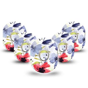 ExpressionMed Red White & Blue Flowers Dexcom G7 and Stelo Tape 5-Pack Tape and 5-Pack Sticker Watercolored Florals Themed, Plaster Continuous Glucose Monitor Design
