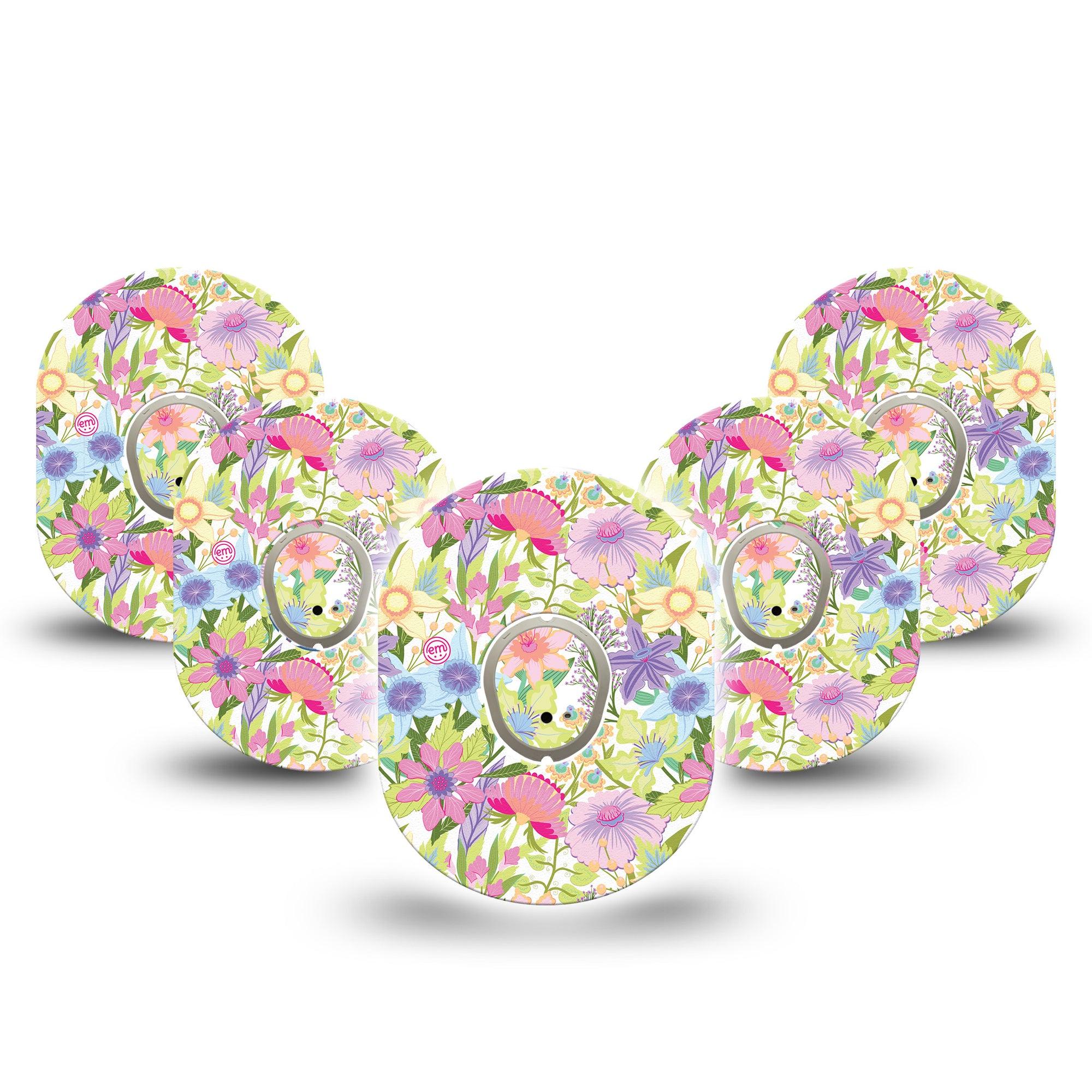 ExpressionMed Fantasy Florals Dexcom G7 and Stelo Tape 5-Pack Tape and 5-Pack Sticker Colorful Flowers Inspired, Plaster Continuous Glucose Monitor Design