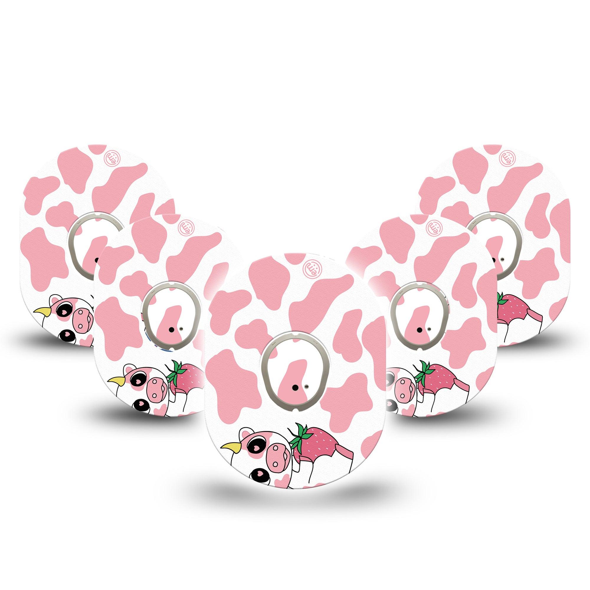 ExpressionMed Strawberry Cow Dexcom G7 and Stelo Tape 5-Pack Tape and 5-Pack Sticker Pink Cow Print Themed, Plaster Continuous Glucose Monitor Design