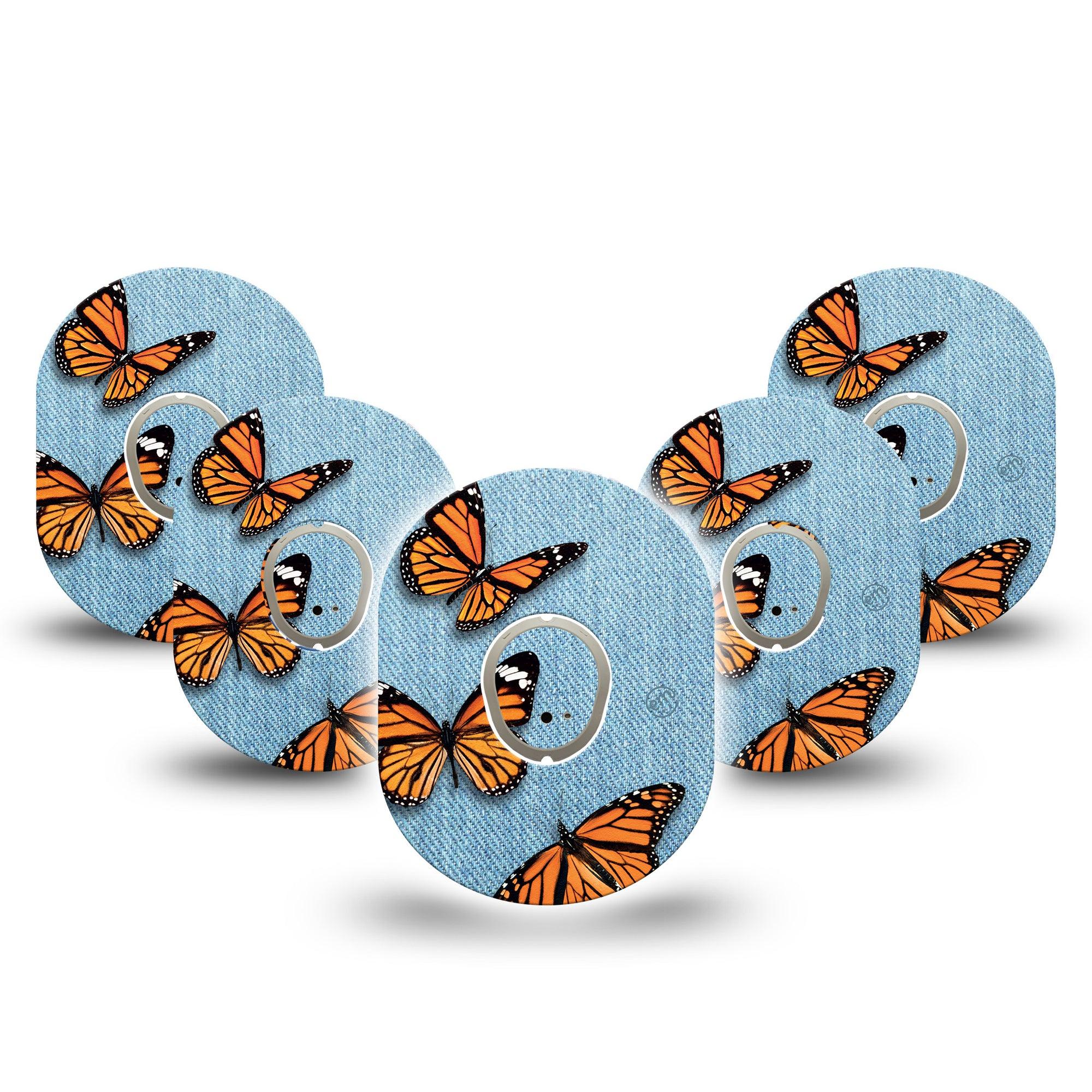 ExpressionMed Denim & Monarchs Dexcom G7 and Stelo Tape 5-Pack Tape and 5-Pack Sticker Jeans Insect Themed, Plaster Continuous Glucose Monitor Design