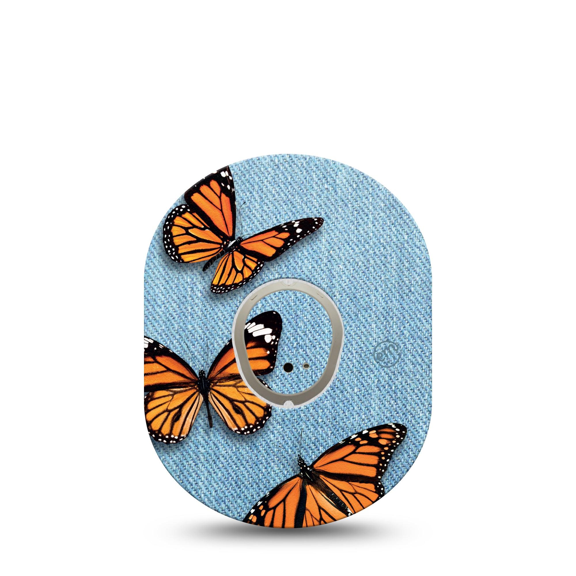 ExpressionMed Denim & Monarchs Dexcom G7 and Stelo Tape Single Tape and Single Sticker Cute Animal Inspired, Plaster Continuous Glucose Monitor Design