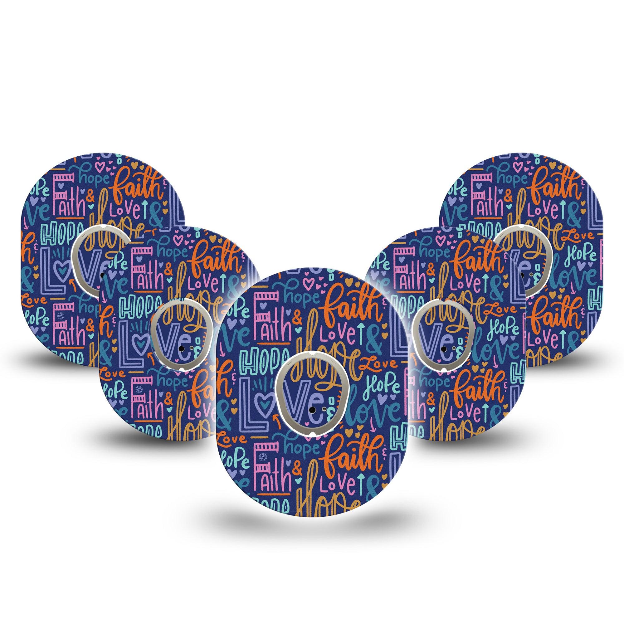 ExpressionMed Faith Love Hope Dexcom G7 and Stelo Tape 5-Pack Tape and 5-Pack Sticker Inspiring Words Purple, Plaster Continuous Glucose Monitor Design