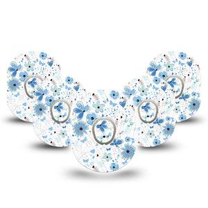 ExpressionMed Cute Blue Flowers Dexcom G7 and Stelo Tape 5-Pack Tape and 5-Pack Sticker Doodle Art Inspired, Plaster Continuous Glucose Monitor Design