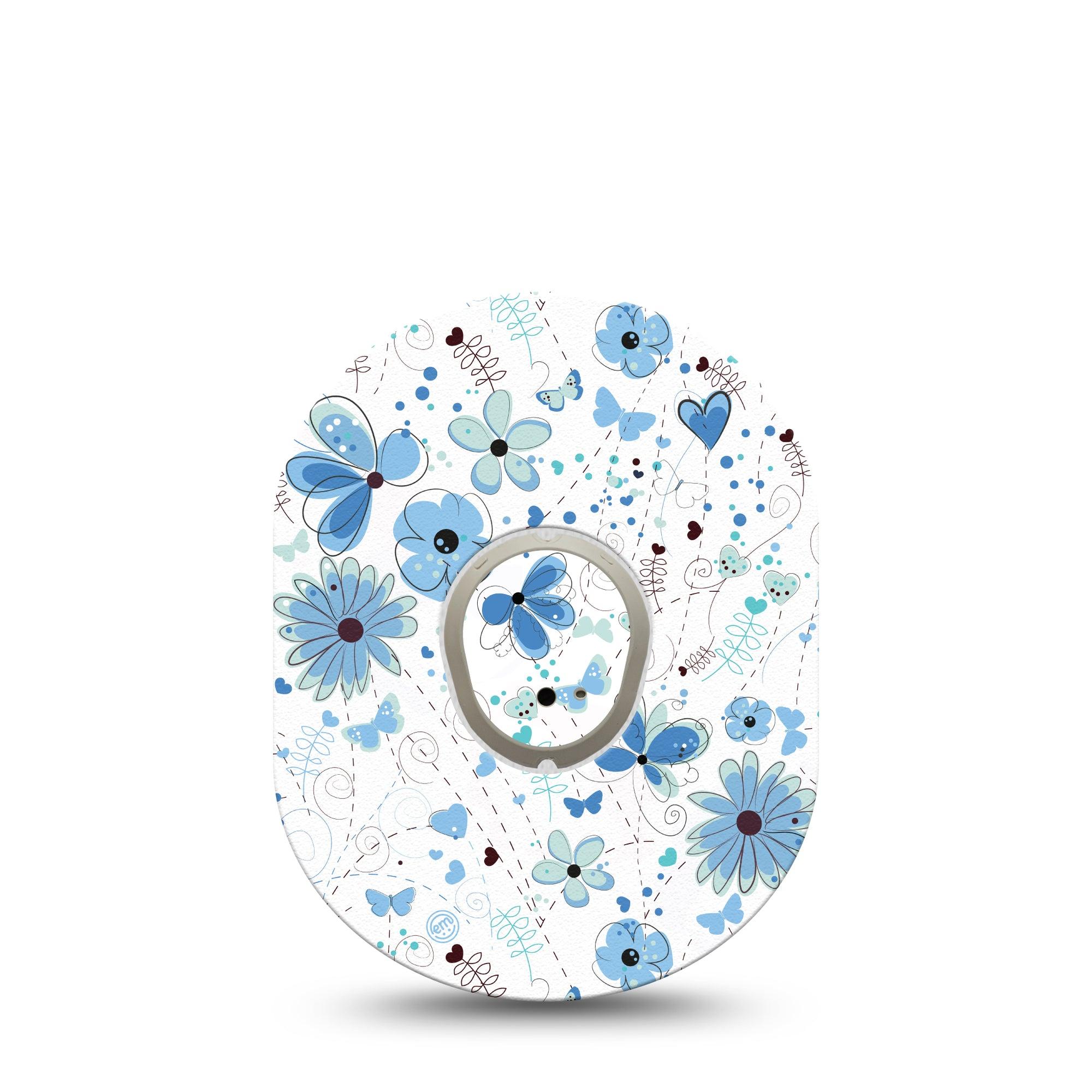 ExpressionMed Cute Blue Flowers Dexcom G7 and Stelo Tape Single Tape and Single Sticker Blue Doodle Florals Themed, Plaster Continuous Glucose Monitor Design