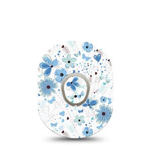 ExpressionMed Cute Blue Flowers Dexcom G7 and Stelo Tape Single Tape and Single Sticker Blue Doodle Florals Themed, Plaster Continuous Glucose Monitor Design