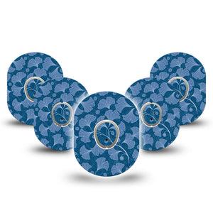 ExpressionMed Blue Ginkgo Leaves Dexcom G7 and Stelo Tape 5-Pack Tape and 5-Pack Sticker Blue Herb Themed, Plaster Continuous Glucose Monitor Design
