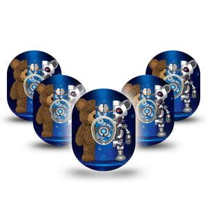 ExpressionMed Robo Teddy Dexcom G7 Tape, 5-Pack, Android Teddybear Inspired, CGM Patch Design, Dexcom Stelo Glucose Biosensor System with center stickers