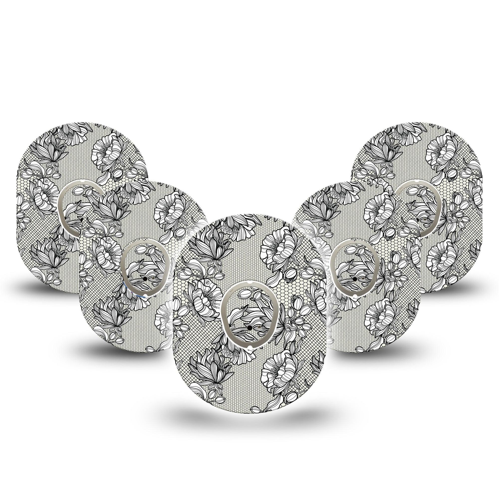 ExpressionMed Black Lace Dexcom G7 and Stelo Tape 5-Pack Tape and 5-Pack Sticker Black and White Floral Inspired, Plaster Continuous Glucose Monitor Design