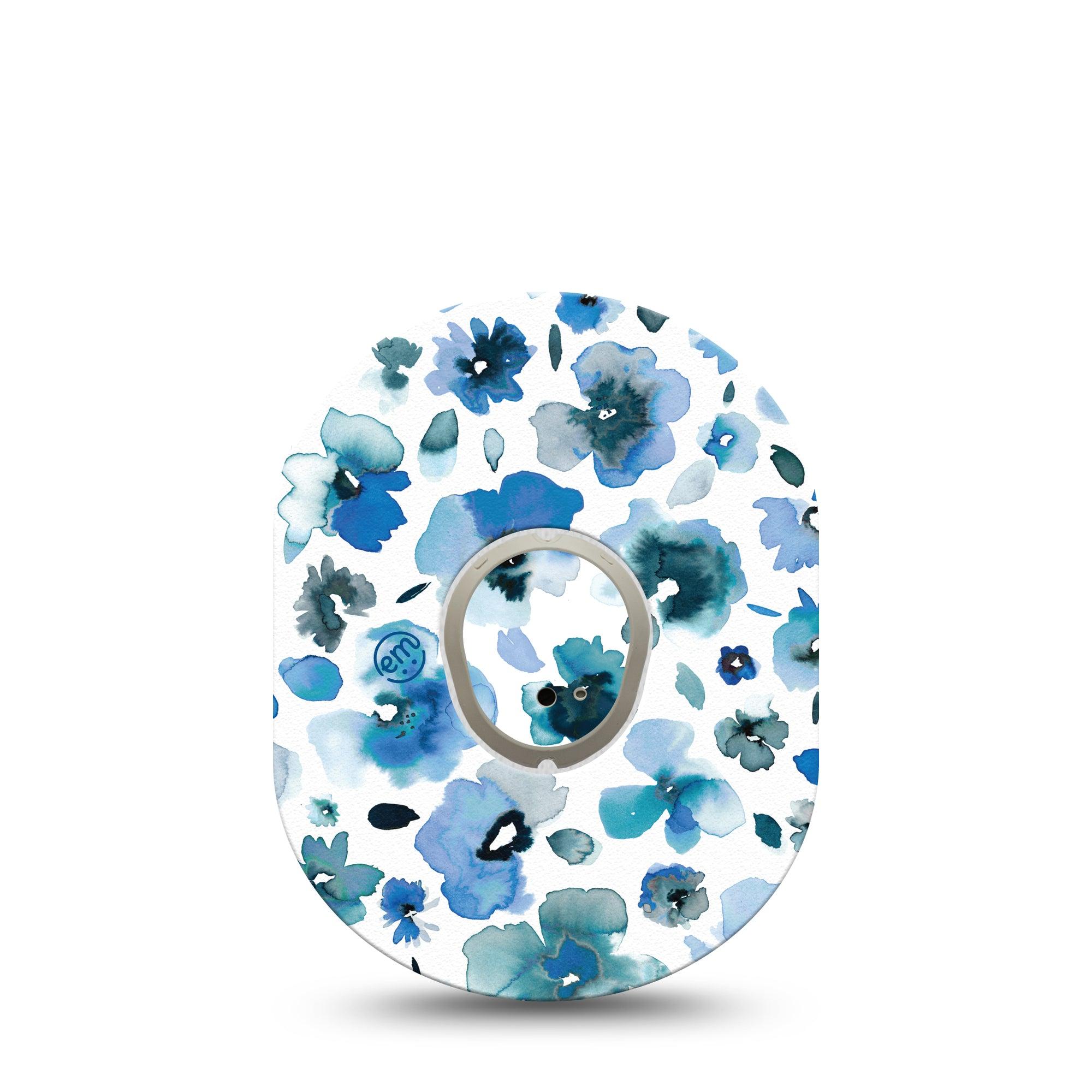 ExpressionMed Sapphire Petals Dexcom G7 and Stelo Tape Single Tape and Single Sticker Blue Watercolored Florals Themed, Plaster Continuous Glucose Monitor Design