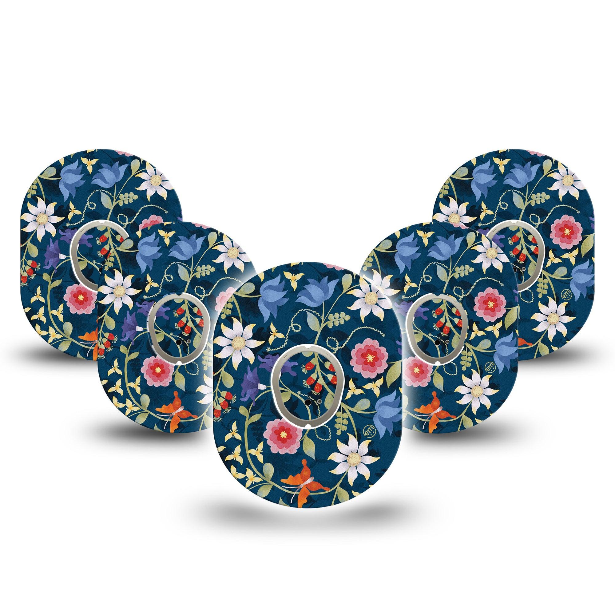 ExpressionMed Floral Folklore Dexcom G7 and Stelo Tape 5-Pack Tape and 5-Pack Sticker Navy Backdrop Florals, Plaster Continuous Glucose Monitor Design