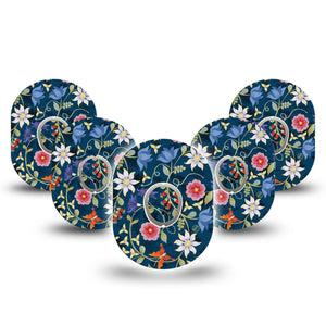 ExpressionMed Floral Folklore Dexcom G7 and Stelo Tape 5-Pack Tape and 5-Pack Sticker Navy Backdrop Florals, Plaster Continuous Glucose Monitor Design