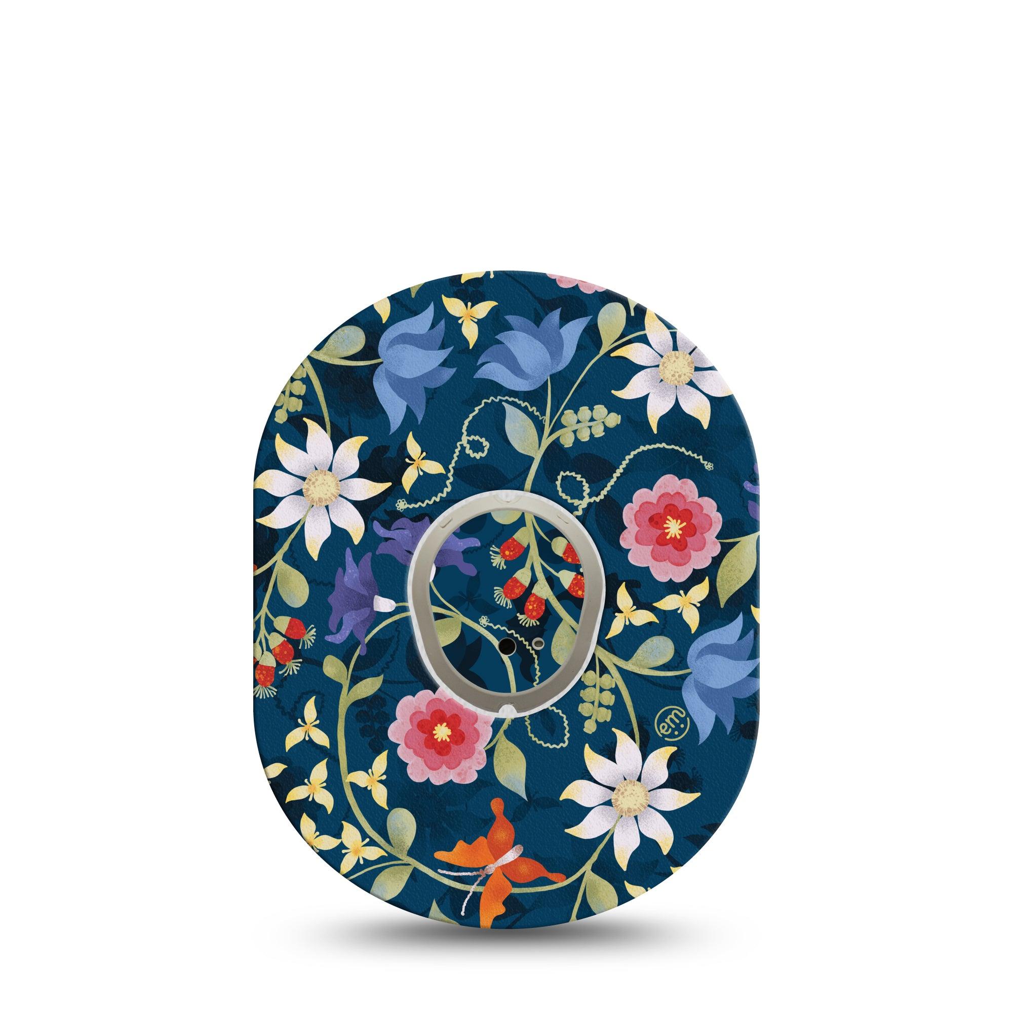ExpressionMed Floral Folklore Dexcom G7 and Stelo Tape Single Tape and Single Sticker Navy Backdrop Florals, Plaster Continuous Glucose Monitor Design
