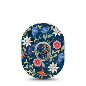 ExpressionMed Floral Folklore Dexcom G7 and Stelo Tape Single Tape and Single Sticker Navy Backdrop Florals, Plaster Continuous Glucose Monitor Design