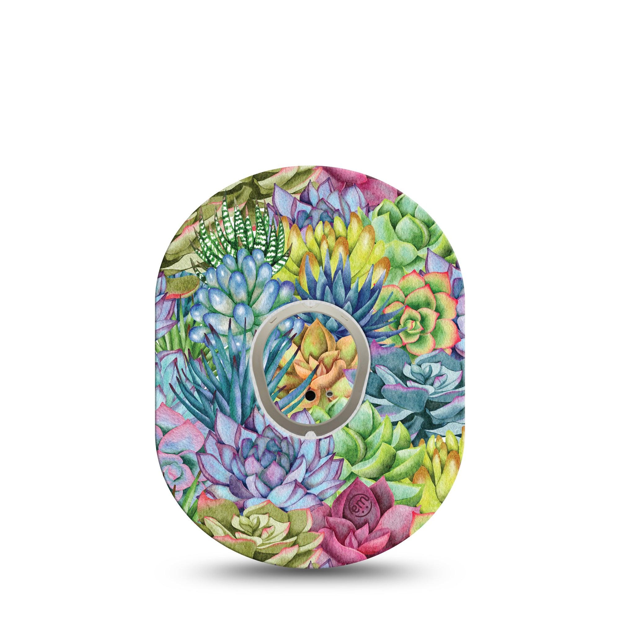 ExpressionMed Blue Succulents Dexcom G7 and Stelo Tape Single Tape and Single Sticker Colorful Succulent Drawn Florals, Plaster Continuous Glucose Monitor Design