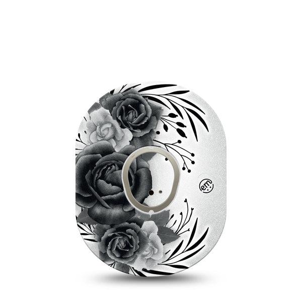 ExpressionMed Tattoo Rose Dexcom G7 and Stelo Tape Single Tape and Single Sticker Black and Gray Florals Themed, Plaster Continuous Glucose Monitor Design