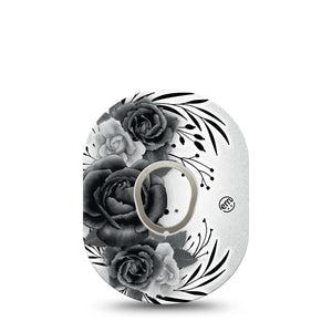 ExpressionMed Tattoo Rose Dexcom G7 and Stelo Tape Single Tape and Single Sticker Black and Gray Florals Themed, Plaster Continuous Glucose Monitor Design
